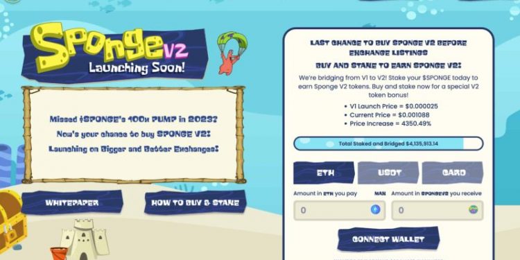 Next Pepe Coin SPONGE Price Pumps 100% in 5 Days as V2 Bridging Hype Explodes