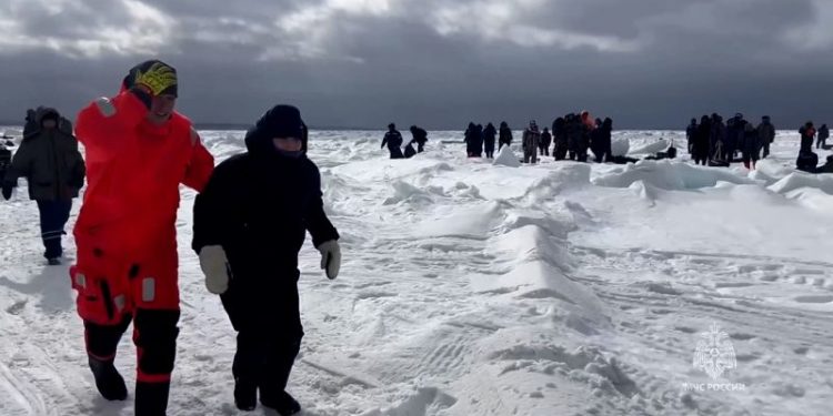 Dozens rescued after being trapped on ice floe in Russia’s Far East