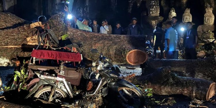 Fierce storm topples tree at Cambodian Angkor temple complex, killing 1 and damaging statues